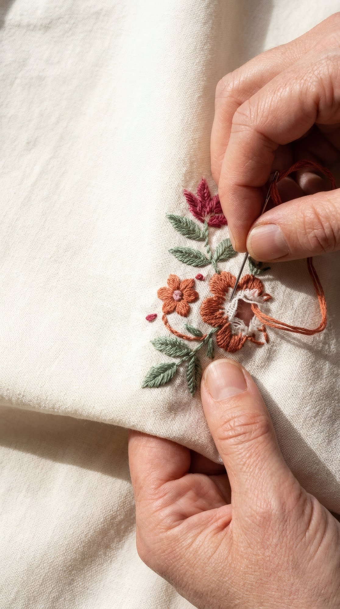 Mani che ricamano un fiore su tessuto