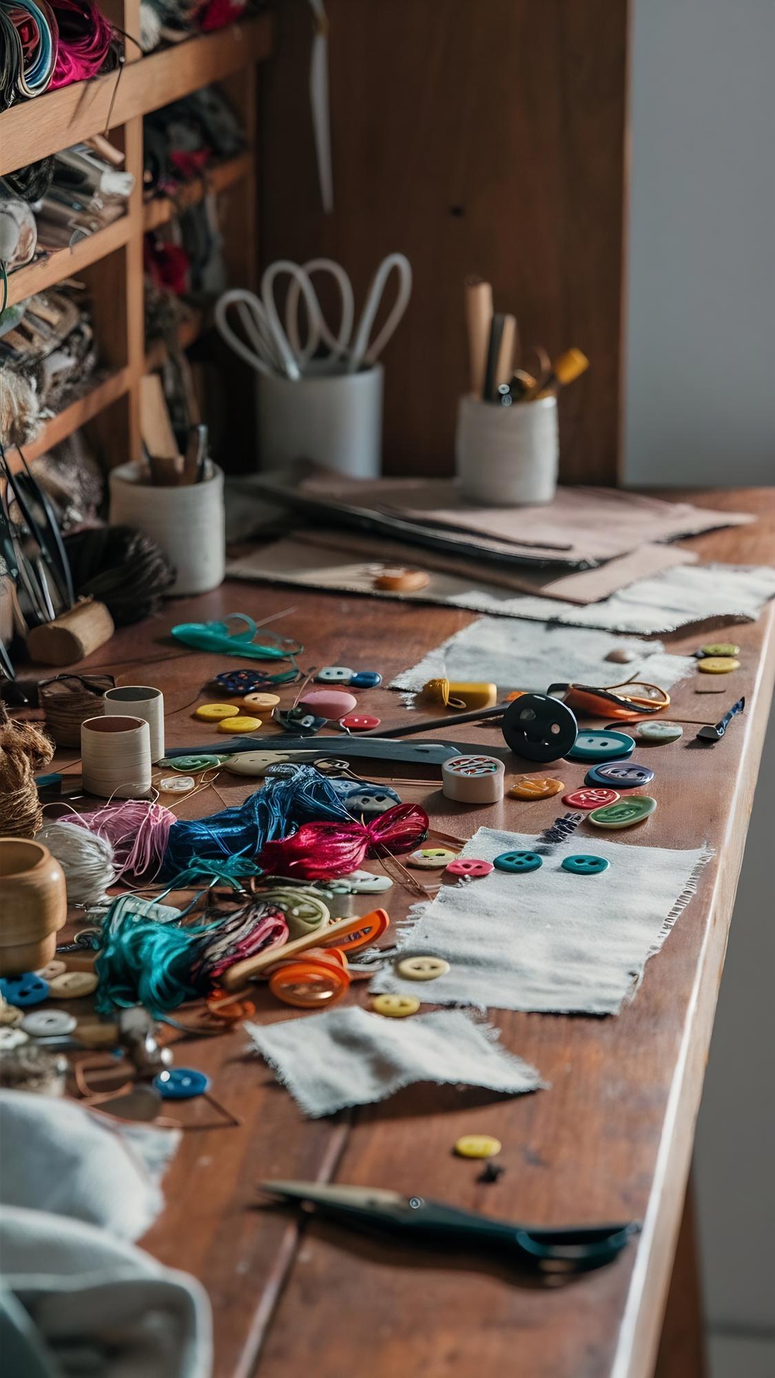 Studio con strumenti per ricamo e filati